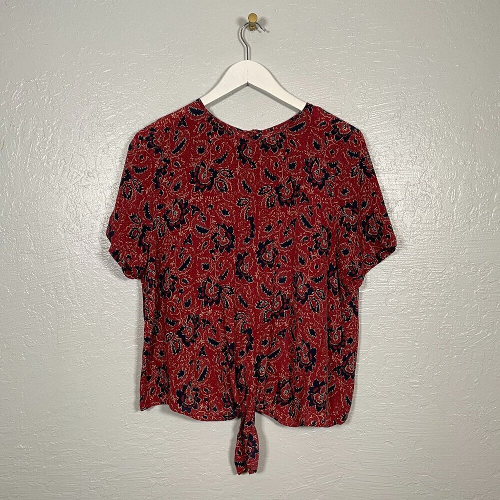 Madewell Women L Red Blue Paisley Blouse Silk Tie Front Short Sleeve Button Up